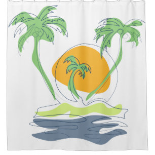 Tropical island beach scenery. Outline palm tree  Shower Curtain