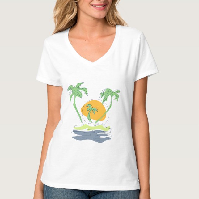 Tropical island beach scenery. Outline palm tree  T-Shirt (Front)