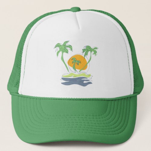 Tropical island beach scenery Outline palm tree  Trucker Hat