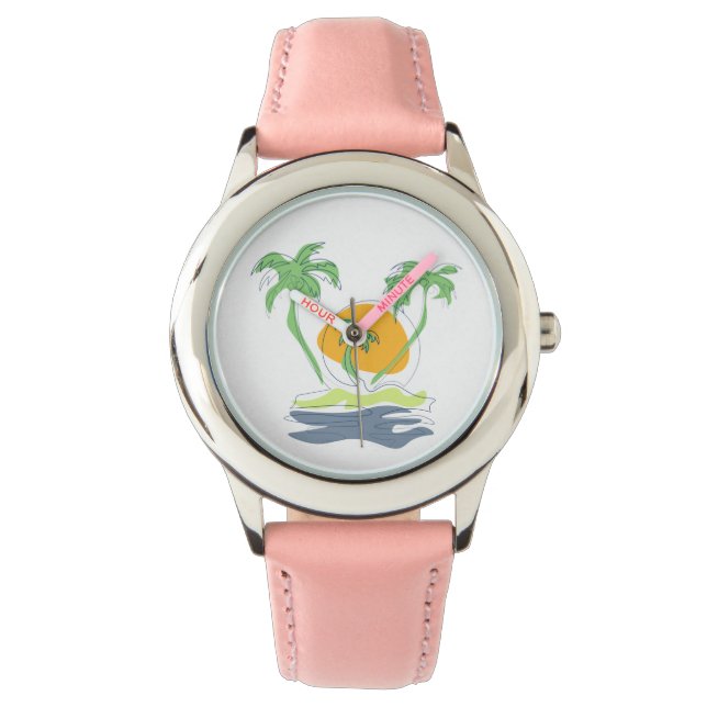 Tropical island beach scenery. Outline palm tree  Watch (Front)