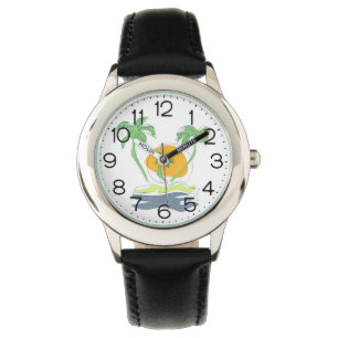 Tropical island beach scenery. Outline palm tree Watch