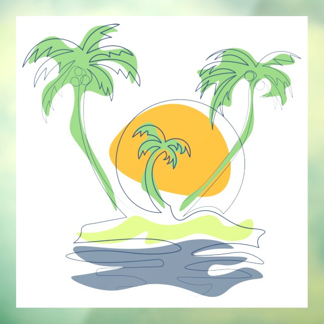 Tropical island beach scenery. Outline palm tree Window Cling (Sheet 3)