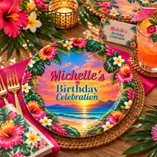 Tropical Island Beach Sunset Birthday Paper Plates