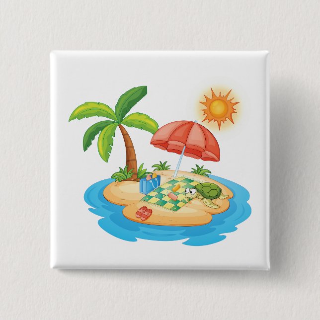 Tropical Island Beach Turtle Palm Tree Picnic Button (Front)