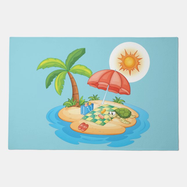 Tropical Island Beach Turtle Palm Tree Picnic Doormat (Front)