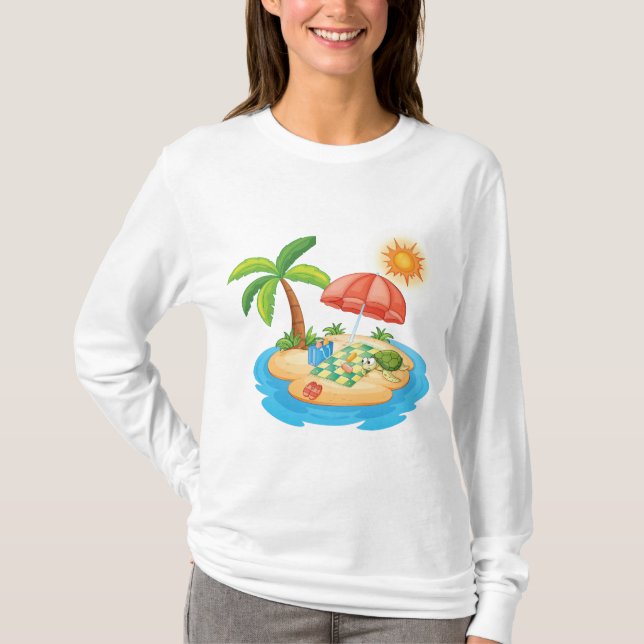 Tropical Island Beach Turtle Palm Tree Picnic T-Shirt (Front)