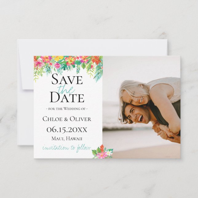 Tropical Island Botanical Photo Save The Date Announcement (Front)