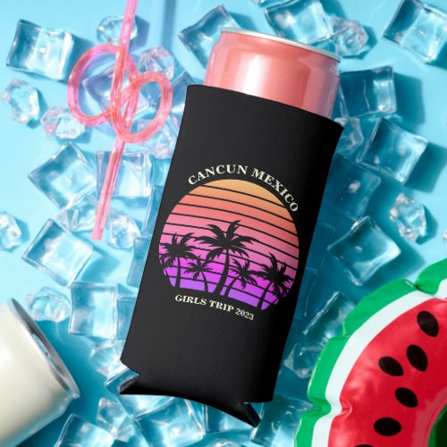 Tropical Island Custom Beach Palm Tree Girls Trip Seltzer Can Cooler