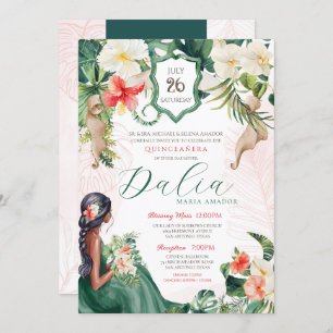 Tropical Island Emerald Green Floral Quinceanera Invitation