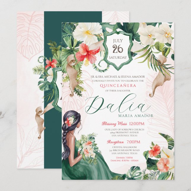 Tropical Island Emerald Green Floral Quinceañera Invitation (Front/Back)