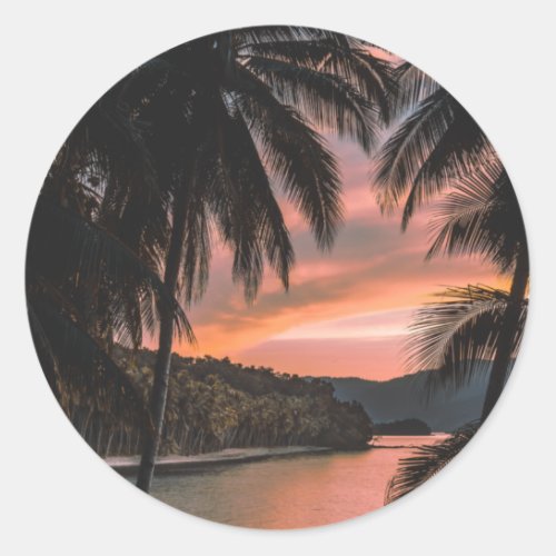 Tropical Island Evening Palm Tree Sunset Classic Round Sticker