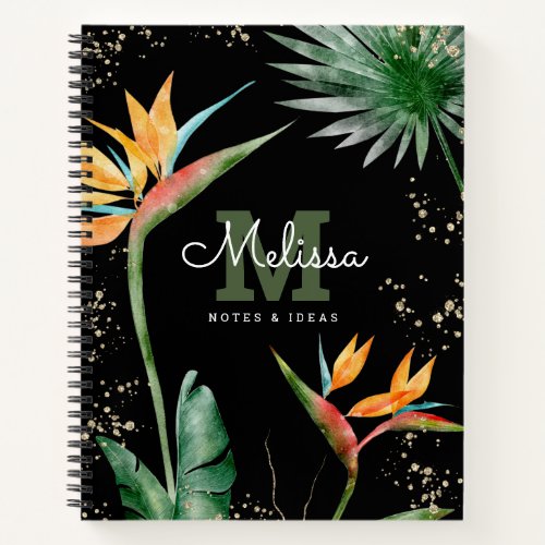 Tropical Island Floral Black Gold Monogram Script  Notebook