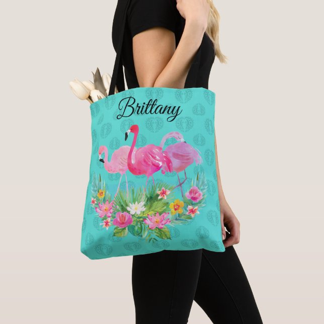 Tropical Island Floral Flamingo Tote Bag (Close Up)