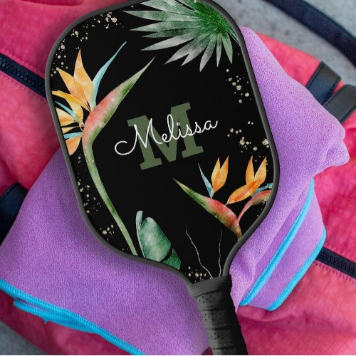 Tropical Island Floral Monogram Script Black Gold Pickleball Paddle