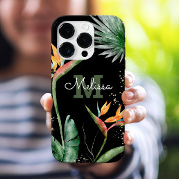 Tropical Island Floral Monogram Script Gold Black iPhone 16 Pro Case