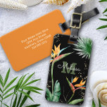 Tropical Island Floral Monogram Script Gold Black Luggage Tag<br><div class="desc">Bring a bit of elegant tropical hospitality with you wherever you travel, when you use this chic, modern luggage tag. Stunning, sophisticated, colorful, tropical watercolor birds of paradise flowers, faux gold glitter, and personalized calligraphy script with a bold monogram initial, overlay a dramatic black background. Personalize with your name and...</div>