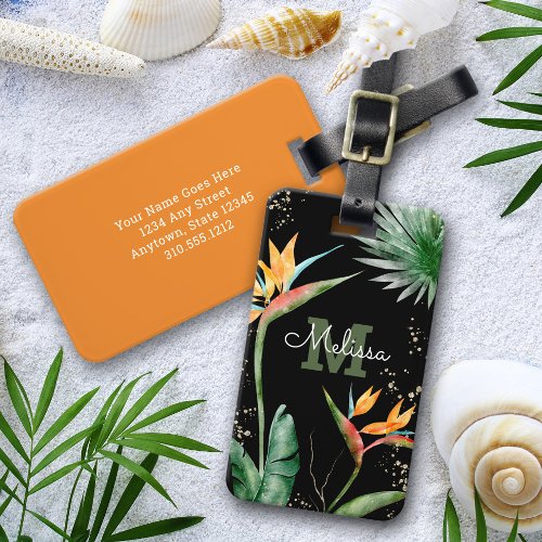 Tropical Island Floral Monogram Script Gold Black Luggage Tag