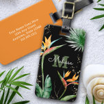 Tropical Island Floral Monogram Script Gold Black Luggage Tag<br><div class="desc">Bring a bit of elegant tropical hospitality with you wherever you travel, when you use this chic, modern luggage tag. Stunning, sophisticated, colorful, tropical watercolor birds of paradise flowers, faux gold glitter, and personalized calligraphy script with a bold monogram initial, overlay a dramatic black background. Personalize with your name and...</div>