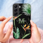Tropical Island Floral Monogram Script Gold Black Samsung Galaxy S22 Case<br><div class="desc">Stunning, sophisticated, colorful, tropical watercolor birds of paradise flowers, faux gold glitter, and personalized calligraphy script with a bold monogram initial, overlay a dramatic black background on this chic, elegant, modern cell phone case. Personalize with your name and monogram. Makes a fun and stylish statement every time you use it....</div>