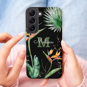 Tropical Island Floral Monogram Script Gold Black Samsung Galaxy S22 Case
