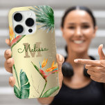 Tropical Island Floral Monogram Script Gold Foil iPhone 16 Pro Case<br><div class="desc">Stunning, sophisticated, colorful, tropical watercolor birds of paradise flowers, faux gold glitter, and personalized calligraphy script with a bold monogram initial, overlay a stylish, glam brushed gold foil background on this chic, elegant, modern cell phone case. Personalize with your name and monogram. Makes a fun and stylish statement every time...</div>