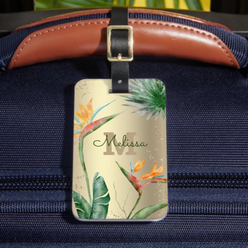 Tropical Island Floral Monogram Script Gold Foil  Luggage Tag