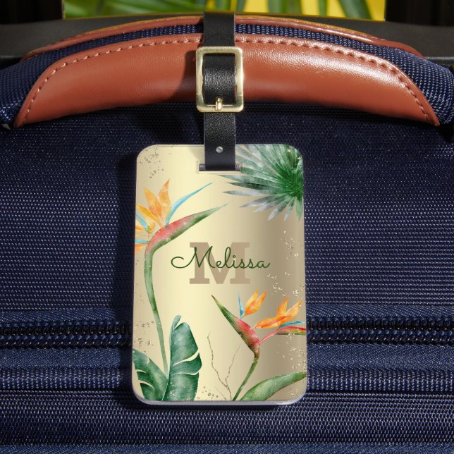 Tropical Island Floral Monogram Script Gold Foil  Luggage Tag (Front Insitu 2)