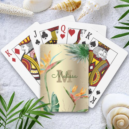 Tropical Island Floral Monogram Script Gold Foil Poker Cards