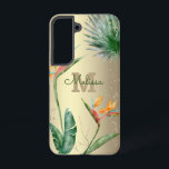Tropical Island Floral Monogram Script Gold Foil Samsung Galaxy S22 Case<br><div class="desc">Stunning, sophisticated, colorful, tropical watercolor birds of paradise flowers, faux gold glitter, and personalized calligraphy script with a bold monogram initial, overlay a stylish, glam brushed gold foil background on this chic, elegant, modern cell phone case. Personalize with your name and monogram. Makes a fun and stylish statement every time...</div>