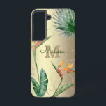 Tropical Island Floral Monogram Script Gold Foil Samsung Galaxy S22 Case<br><div class="desc">Stunning, sophisticated, colorful, tropical watercolor birds of paradise flowers, faux gold glitter, and personalized calligraphy script with a bold monogram initial, overlay a stylish, glam brushed gold foil background on this chic, elegant, modern cell phone case. Personalize with your name and monogram. Makes a fun and stylish statement every time...</div>