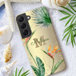 Tropical Island Floral Monogram Script Gold Foil Samsung Galaxy S22 Case<br><div class="desc">Stunning, sophisticated, colorful, tropical watercolor birds of paradise flowers, faux gold glitter, and personalized calligraphy script with a bold monogram initial, overlay a stylish, glam brushed gold foil background on this chic, elegant, modern cell phone case. Personalize with your name and monogram. Makes a fun and stylish statement every time...</div>