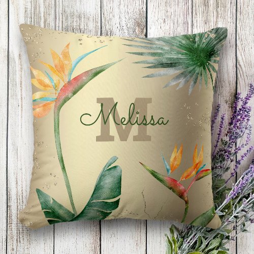 Tropical Island Floral Monogram Script Gold Foil  Throw Pillow