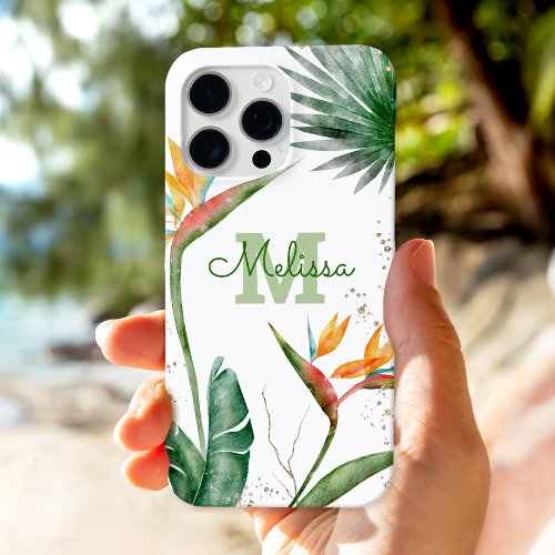 Tropical Island Floral Monogram Script Gold White iPhone 15 Pro Max Case