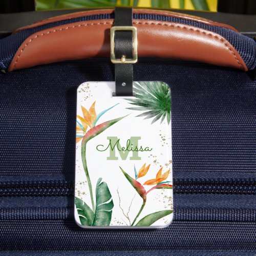 Tropical Island Floral Monogram Script Gold White Luggage Tag