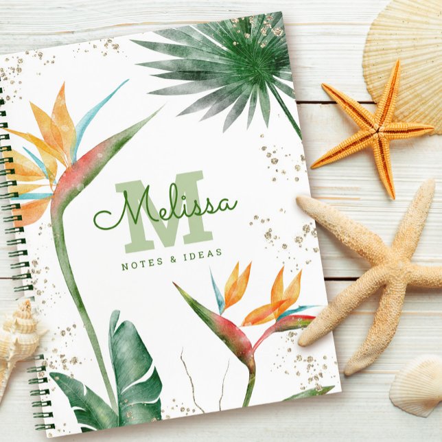 Tropical Island Floral Monogram Script Gold White Notebook (Creator Uploaded)
