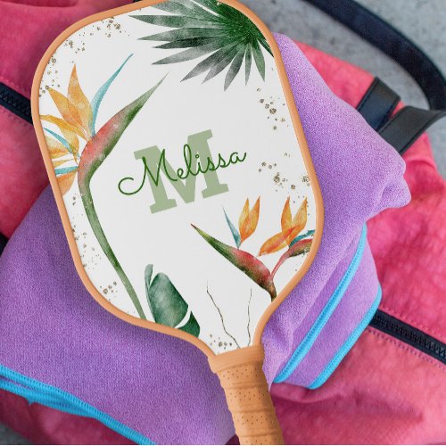 Tropical Island Floral Monogram Script White Gold  Pickleball Paddle