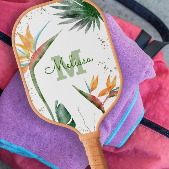 Tropical Island Floral Monogram Script White Gold  Pickleball Paddle (Creator Uploaded)