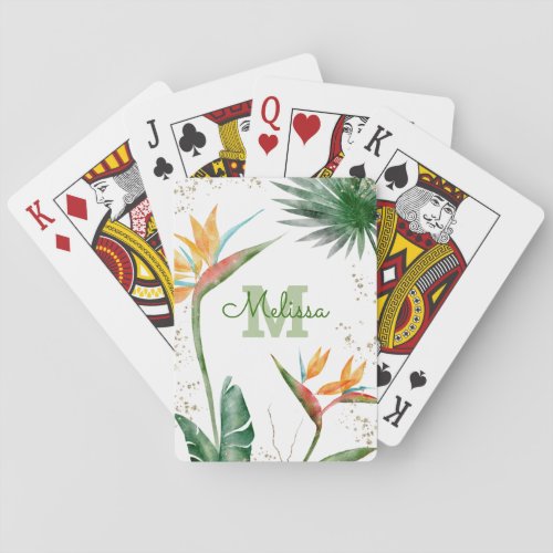 Tropical Island Floral Monogram Script White Gold Poker Cards