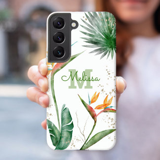 Tropical Island Floral Monogram Script White Gold Samsung Galaxy S22 Case