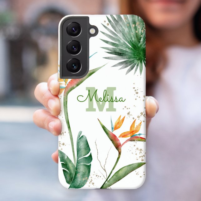 Tropical Island Floral Monogram Script White Gold Samsung Galaxy Case (Creator Uploaded)