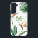 Tropical Island Floral Monogram Script White Gold Samsung Galaxy S22  Case<br><div class="desc">Stunning, sophisticated, colorful, tropical watercolor birds of paradise flowers, faux gold glitter, and personalized calligraphy script with a bold monogram initial, overlay a stylish, airy white background on this chic, elegant, modern cell phone case. Personalize with your name and monogram. Makes a fun and stylish statement every time you use...</div>