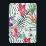 Tropical Island Floral Pattern with Monogram iPad Mini Cover<br><div class="desc">A beautifully exotic island style case with colorful tropical orchids, lilies, and parrot flowers in orange, pink, red, purple and white. Palm fronds and tropical foliage are scattered throughout the design with a contrasting white background to make all the colors pop. A square frame surrounds a monogram initial that you...</div>