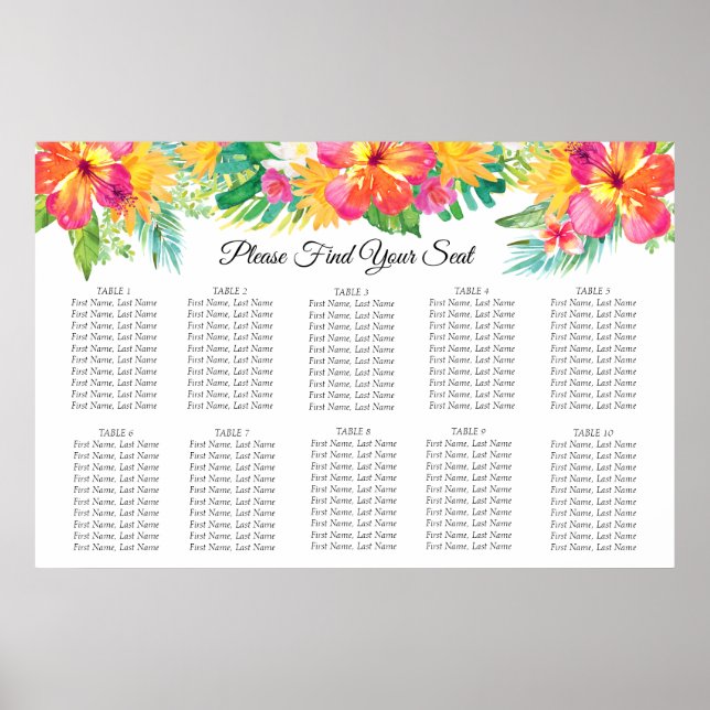 Tropical Island Floral Wedding Seating Chart (Front)