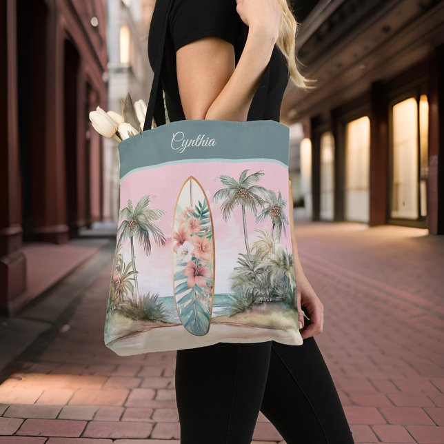 Tropical Island Flower Surfboard Palm Tree w Name Tote Bag (Creator Uploaded)