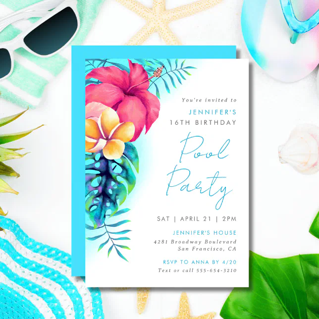 Tropical Island Flowers Pool Party Birthday Aqua Invitation | Zazzle