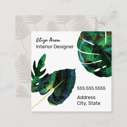 Tropical Island Green Monstera Leaves Square Business Card