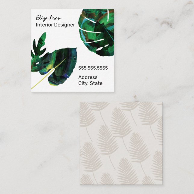 Tropical Island Green Monstera Leaves Square Business Card (Front/Back)