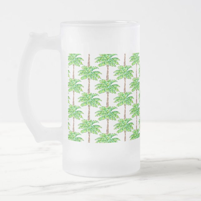 Tropical Island Green Palm Tree Frosted Glass Beer Mug (Left)