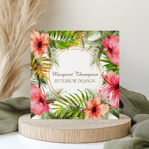 Tropical Island Hibiscus Palm Watercolor Floral Square Business Card