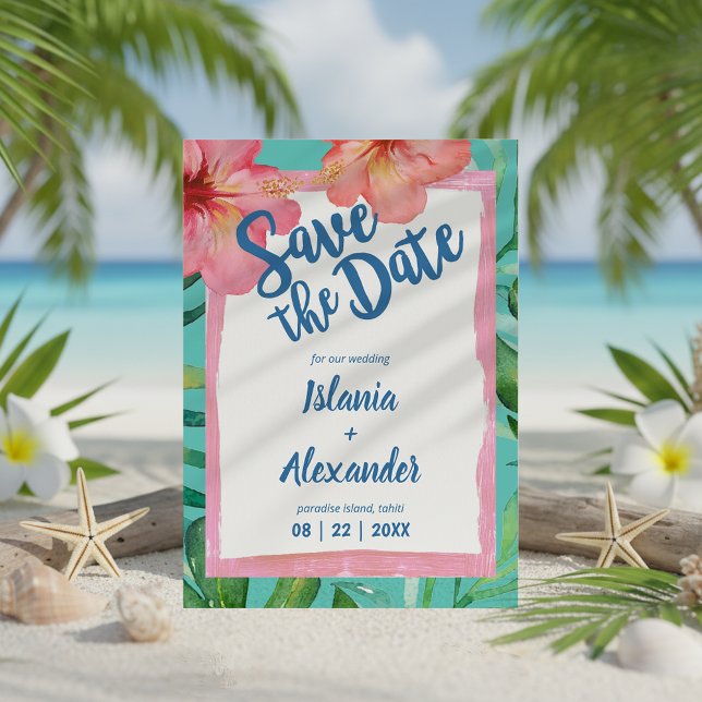 Tropical Island Hibiscus Palm Wedding Save The Date (Creator Uploaded)